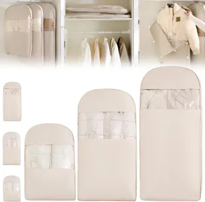 Space Saving Hanging Garment Bag with Self Compression Zipper, Dust Cover Clothes Bags for Down Coat, Space Saver Closet Organizers, Dust Cover Clothes Bags Travel Organizer (3PCS,Beige)