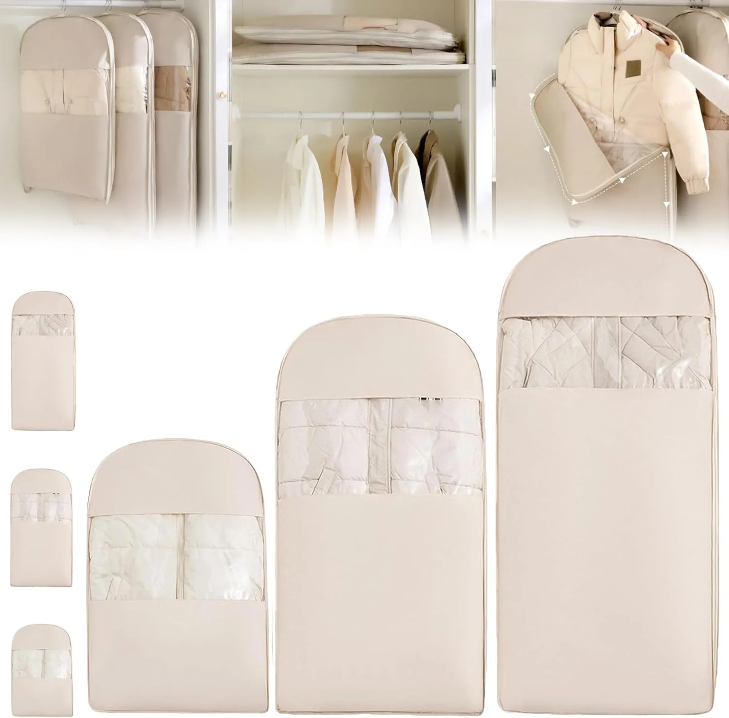 Space Saving Hanging Garment Bag with Self Compression Zipper, Dust Cover Clothes Bags for Down Coat, Space Saver Closet Organizers, Dust Cover Clothes Bags Travel Organizer (3PCS,Beige)