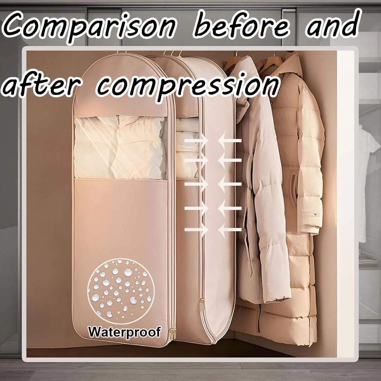 Space Saving Hanging Garment Bag with Self Compression Zipper, Dust Cover Clothes Bags for Down Coat, Space Saver Closet Organizers, Dust Cover Clothes Bags Travel Organizer (3PCS,Beige)