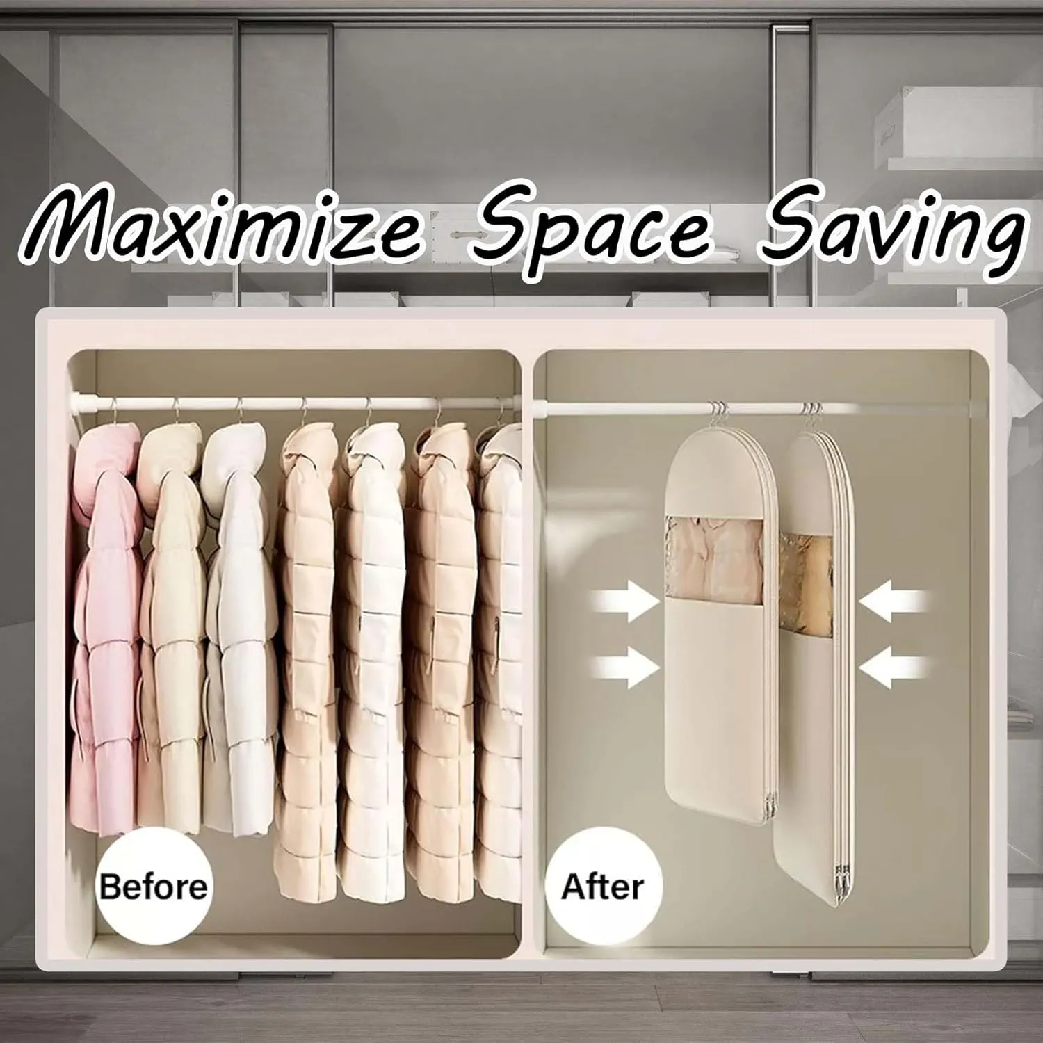 Space Saving Hanging Garment Bag with Self Compression Zipper, Dust Cover Clothes Bags for Down Coat, Space Saver Closet Organizers, Dust Cover Clothes Bags Travel Organizer (3PCS,Beige)