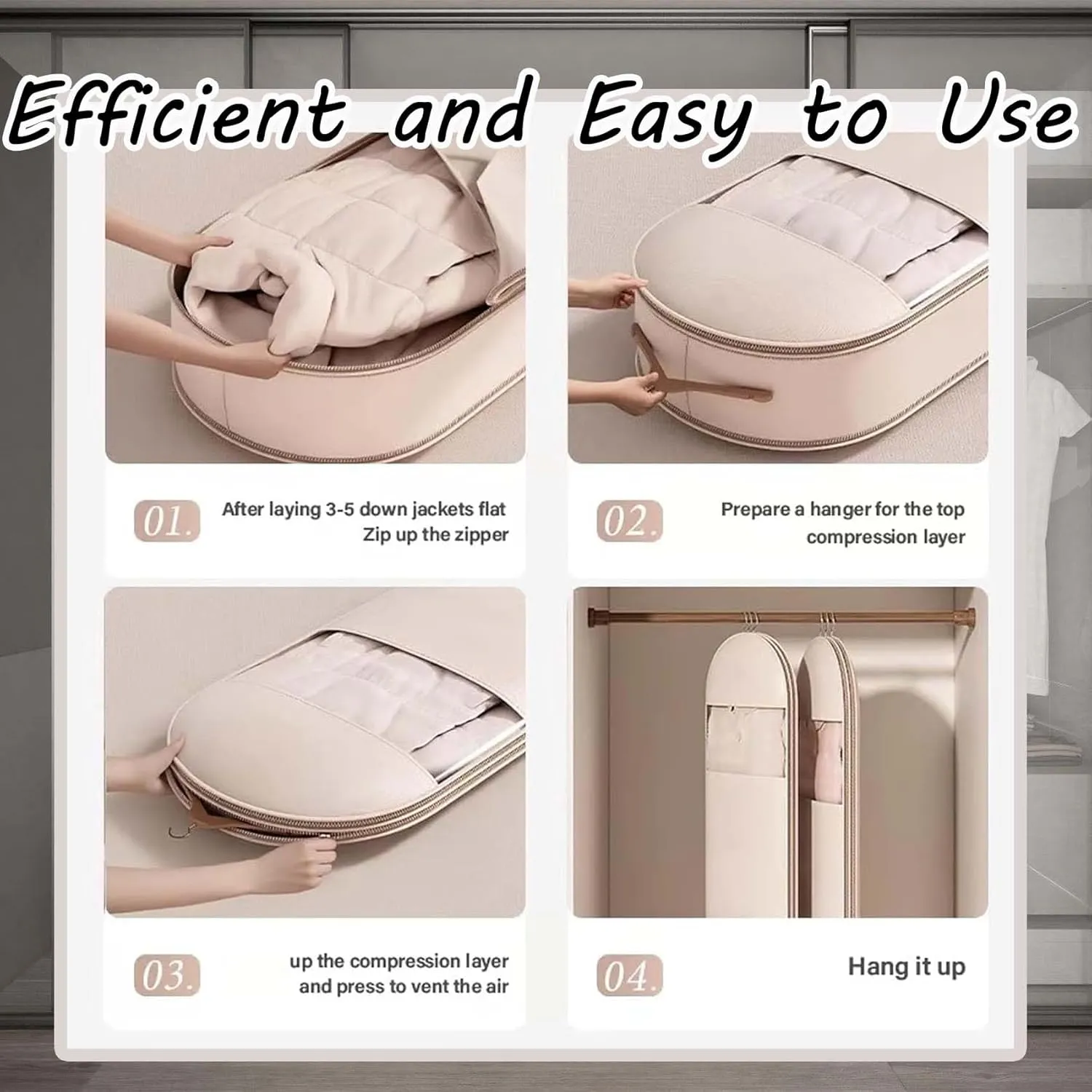 Space Saving Hanging Garment Bag with Self Compression Zipper, Dust Cover Clothes Bags for Down Coat, Space Saver Closet Organizers, Dust Cover Clothes Bags Travel Organizer (3PCS,Beige)