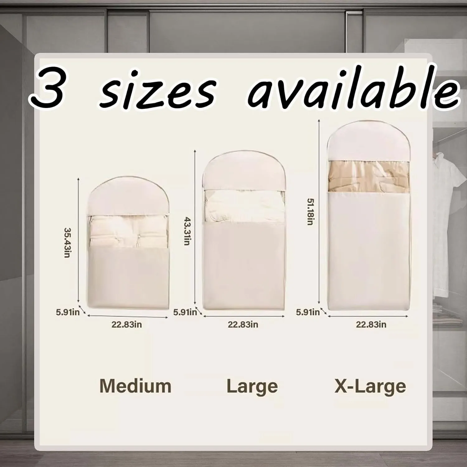 Space Saving Hanging Garment Bag with Self Compression Zipper, Dust Cover Clothes Bags for Down Coat, Space Saver Closet Organizers, Dust Cover Clothes Bags Travel Organizer (3PCS,Beige)