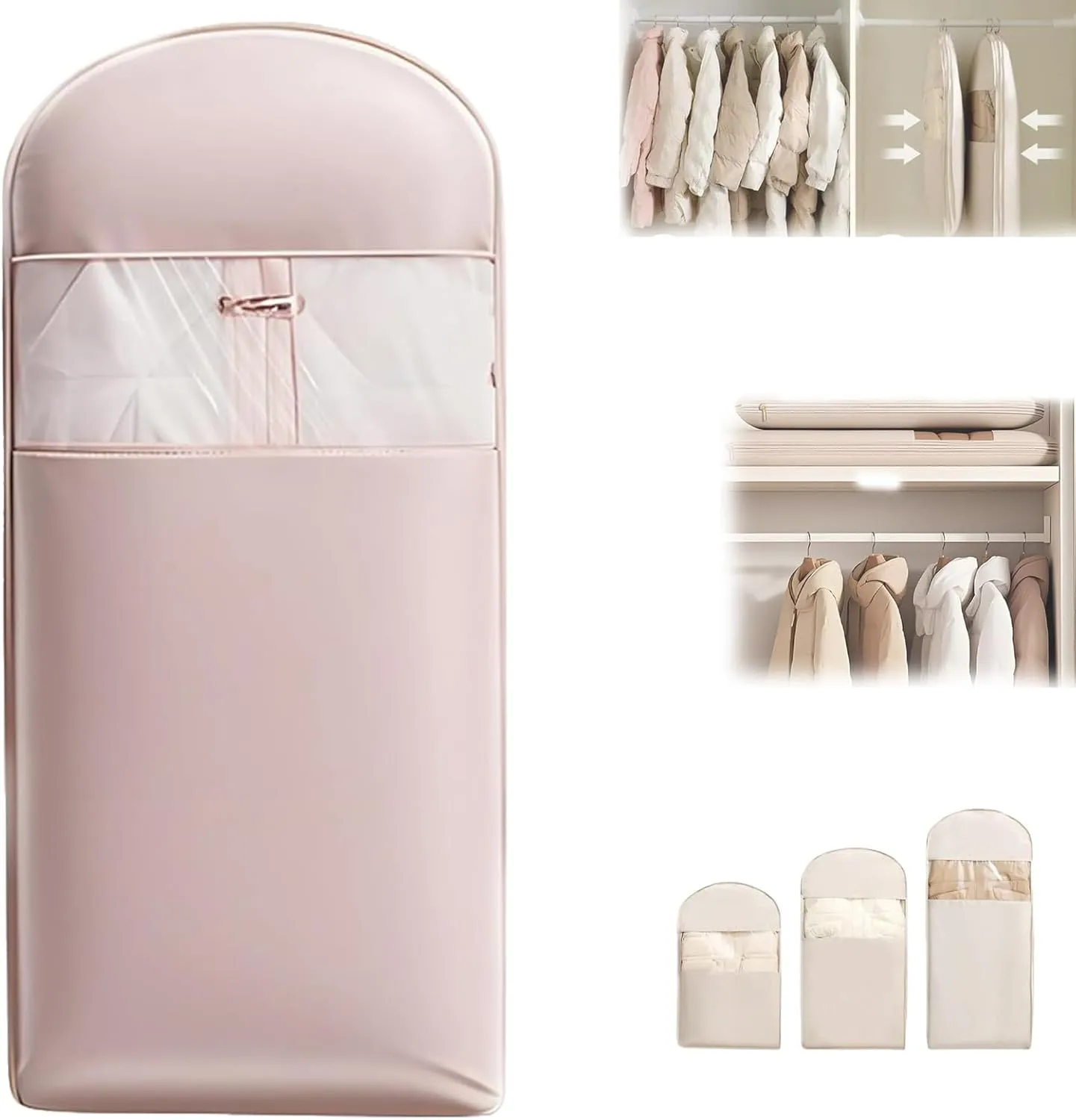 Space Saving Hanging Garment Bag with Self Compression Zipper, Dust Cover Clothes Bags for Down Coat, Space Saver Closet Organizers for Closet Storage (Pink,L)
