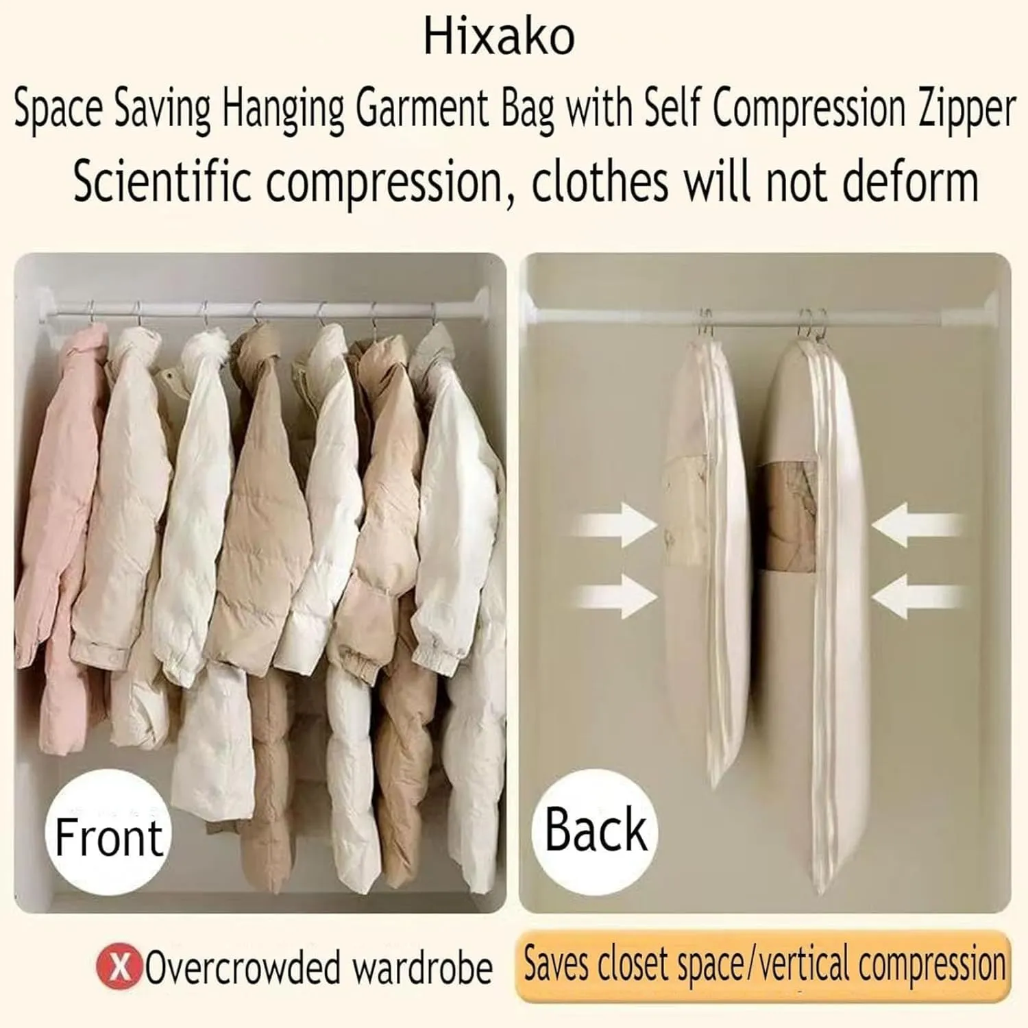 Space Saving Hanging Garment Bag with Self Compression Zipper, Dust Cover Clothes Bags for Down Coat, Space Saver Closet Organizers for Closet Storage (Pink,XL)