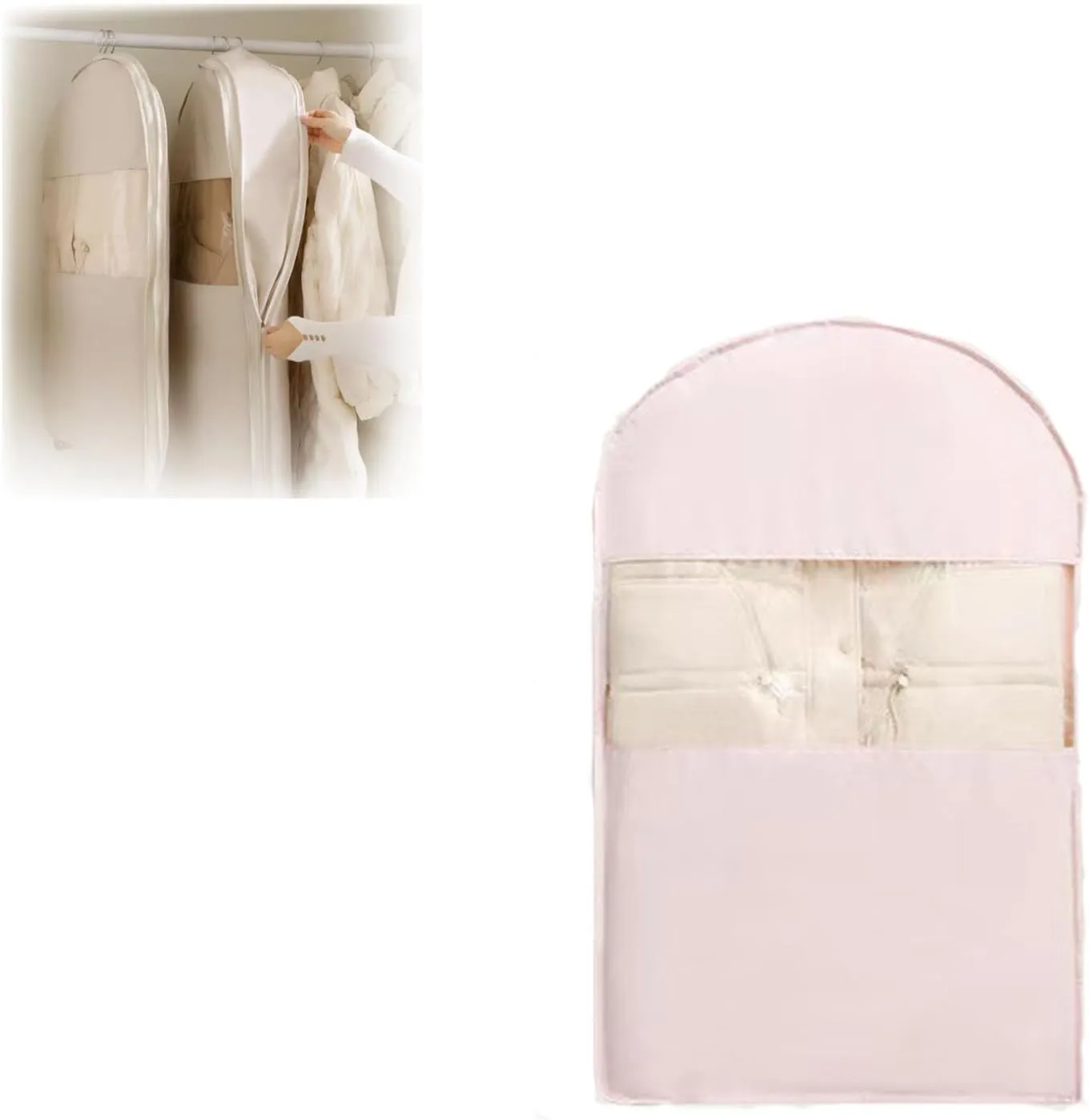 Space Saving Hanging Garment Bag with Self Compression Zipper, Dust Cover Clothes Bags Travel Organizer for Down Coat Suit, Space Saver Closet Organizers, for Closet Storage (Pink, M)
