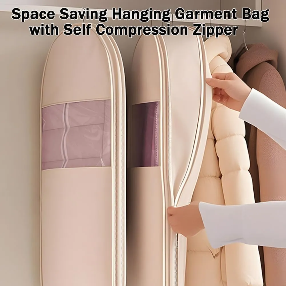 Space Saving Hanging Garment Bag with Self Compression Zipper, Garment Bags for Hanging Clothes, Space Saver Closet Organizers, Dust Cover Clothes Bags for down Coat (Pink,L)