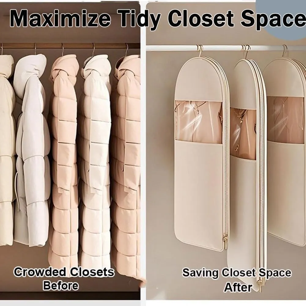 Space Saving Hanging Garment Bag with Self Compression Zipper, Garment Bags for Hanging Clothes, Space Saver Closet Organizers, Dust Cover Clothes Bags for down Coat (Pink,L)