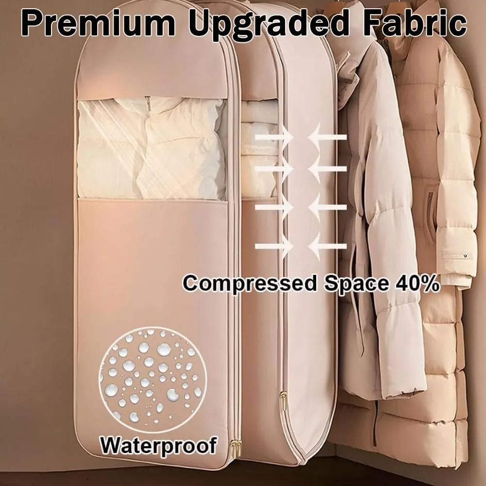 Space Saving Hanging Garment Bag with Self Compression Zipper, Garment Bags for Hanging Clothes, Space Saver Closet Organizers, Dust Cover Clothes Bags for down Coat (Pink,L)
