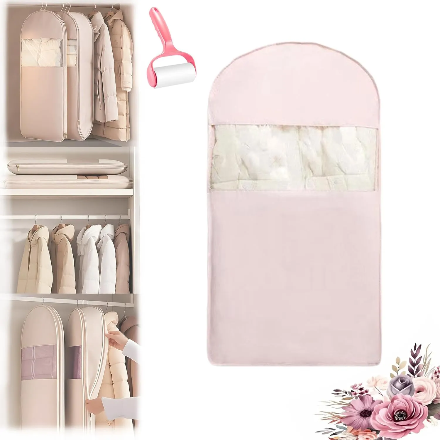 Space Saving Hanging Garment Bag with Self Compression Zipper, Garment Bags for Hanging Clothes, Space Saver Closet Organizers, Dust Cover Clothes Bags for down Coat (Pink,L)