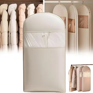 Space Saving Hanging Garment Bag with Self Compression Zipper, Otherwise Garment Bag, Dust Cover Clothes Bags for down Coat, Save Space, for Moving or Storaging Clothes (Beige, L)