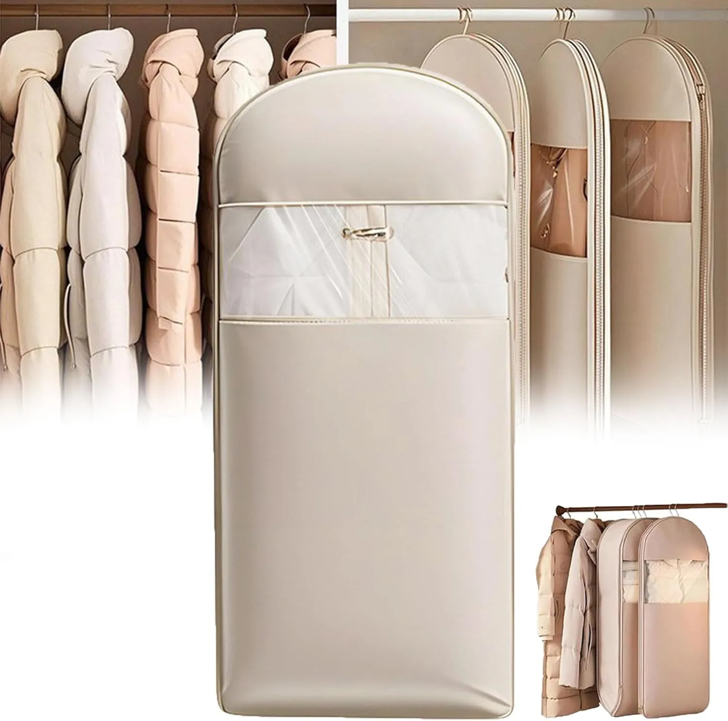 Space Saving Hanging Garment Bag with Self Compression Zipper, Otherwise Garment Bag, Dust Cover Clothes Bags for down Coat, Save Space, for Moving or Storaging Clothes (Beige, XL)