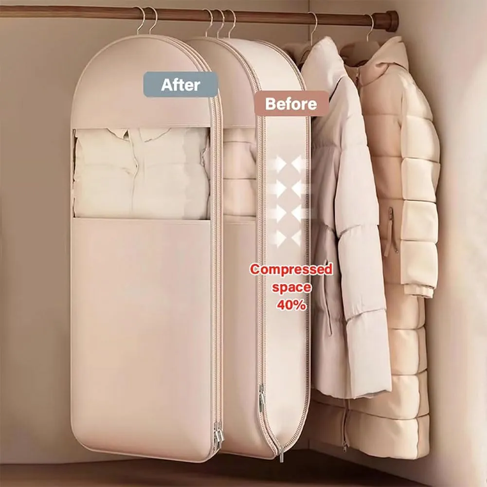 Space Saving Hanging Garment Bag with Self Compression Zipper, Otherwise Garment Bag, Dust Cover Clothes Bags for down Coat, Save Space, for Moving or Storaging Clothes (Beige, XL)