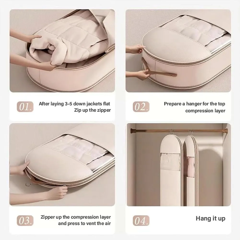 Space Saving Hanging Garment Bag with Self Compression Zipper, Otherwise Garment Bag, Dust Cover Clothes Bags for down Coat, Save Space, for Moving or Storaging Clothes (Beige, XL)