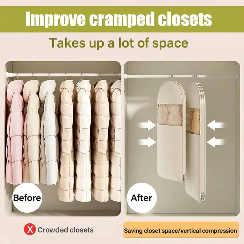 Space Saving Hanging Garment Bag with Self Compression Zipper, Otherwise Garment Bag, Dust Cover Clothes Bags for down Coat, Save Space, for Moving or Storaging Clothes (Beige, XL)