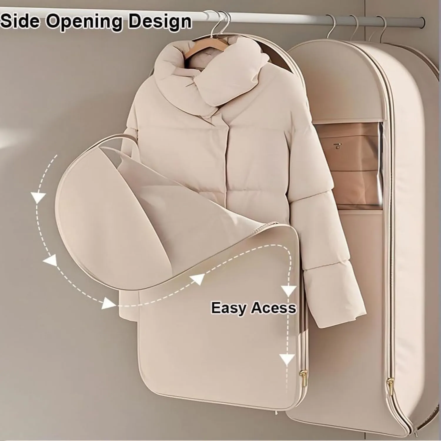 Space Saving Hanging Garment Bag with Self Compression Zipper, Space Saver Closet Organizers, Dust Cover Clothes Bags for Down Coat, For Closet Storage (Pink, L)