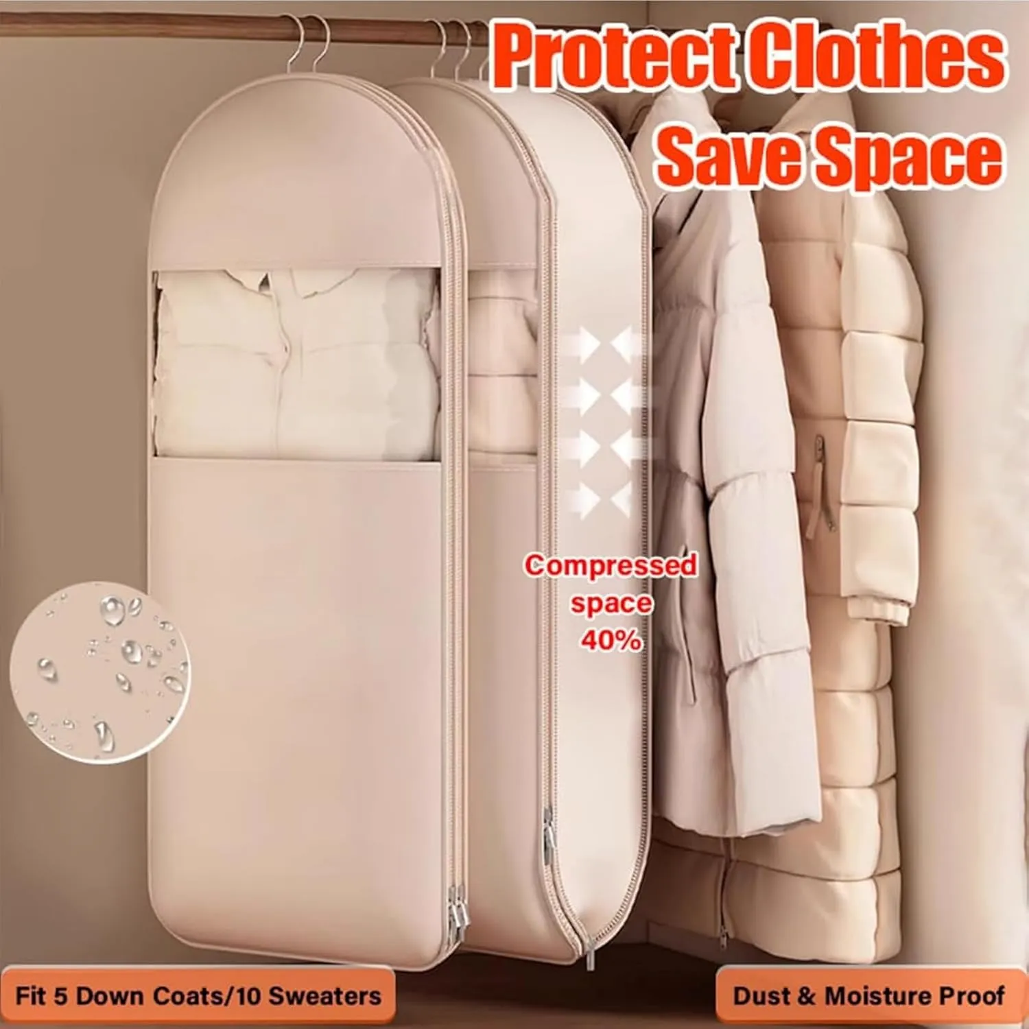 Space Saving Hanging Garment Bag with Self Compression Zipper, Space Saver Closet Organizers, Dust Cover Clothes Bags for Down Coat, For Closet Storage (Pink, L)
