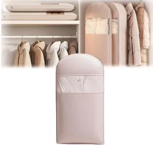 Space Saving Hanging Garment Bag with Self Compression Zipper, Space Saver Closet Organizers, Dust Cover Clothes Bags for Down Coat, For Closet Storage (Pink, L)