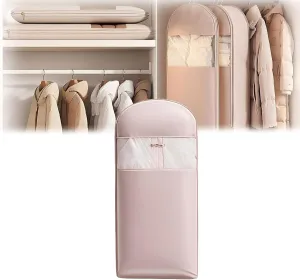 Space Saving Hanging Garment Bag with Self Compression Zipper, Space Saver Closet Organizers, Dust Cover Clothes Bags for Down Coat, For Closet Storage (Pink, XL)