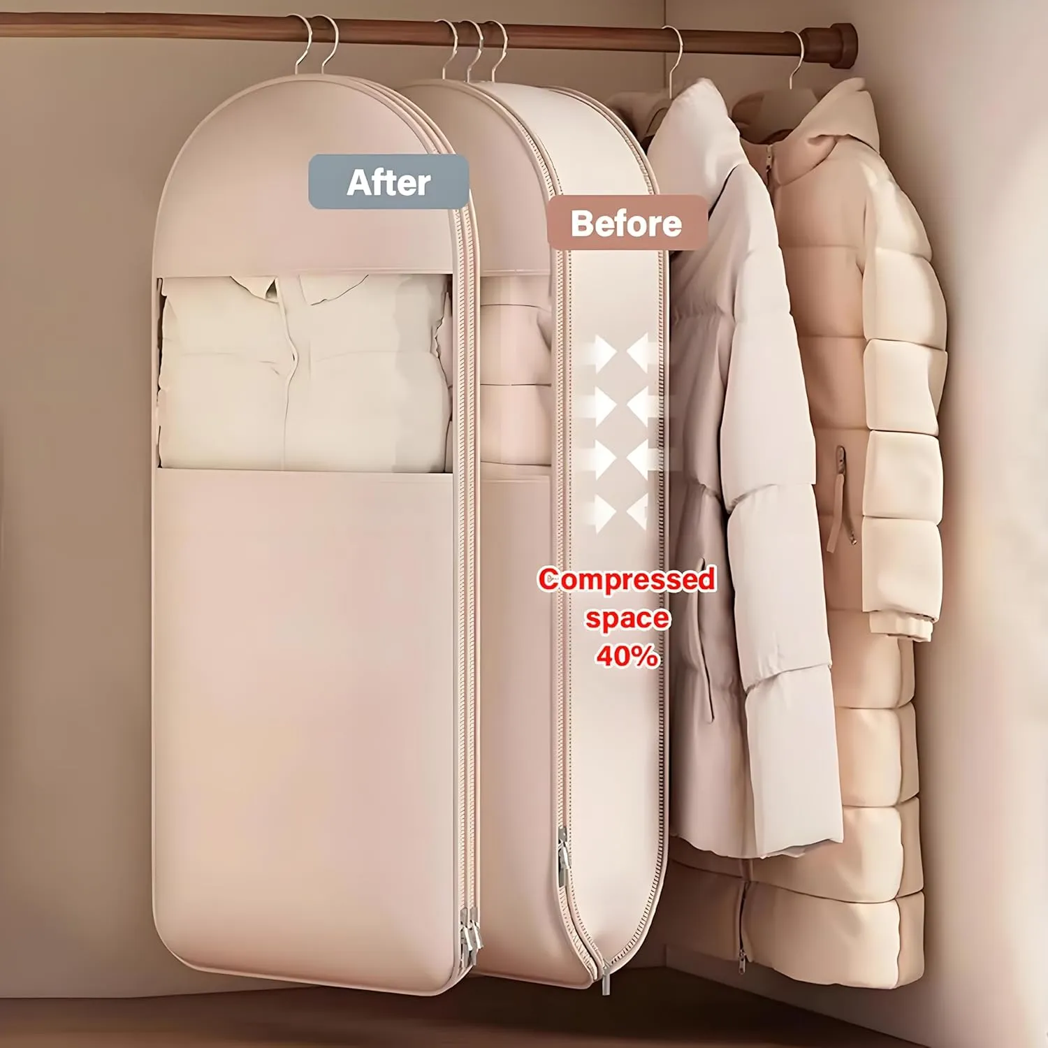 Space Saving Hanging Garment Bag with Self Compression Zipper, Space Saver Closet Organizers for Closet Storage, Dust Cover Clothes Bags for Down Coat (M-Gray)