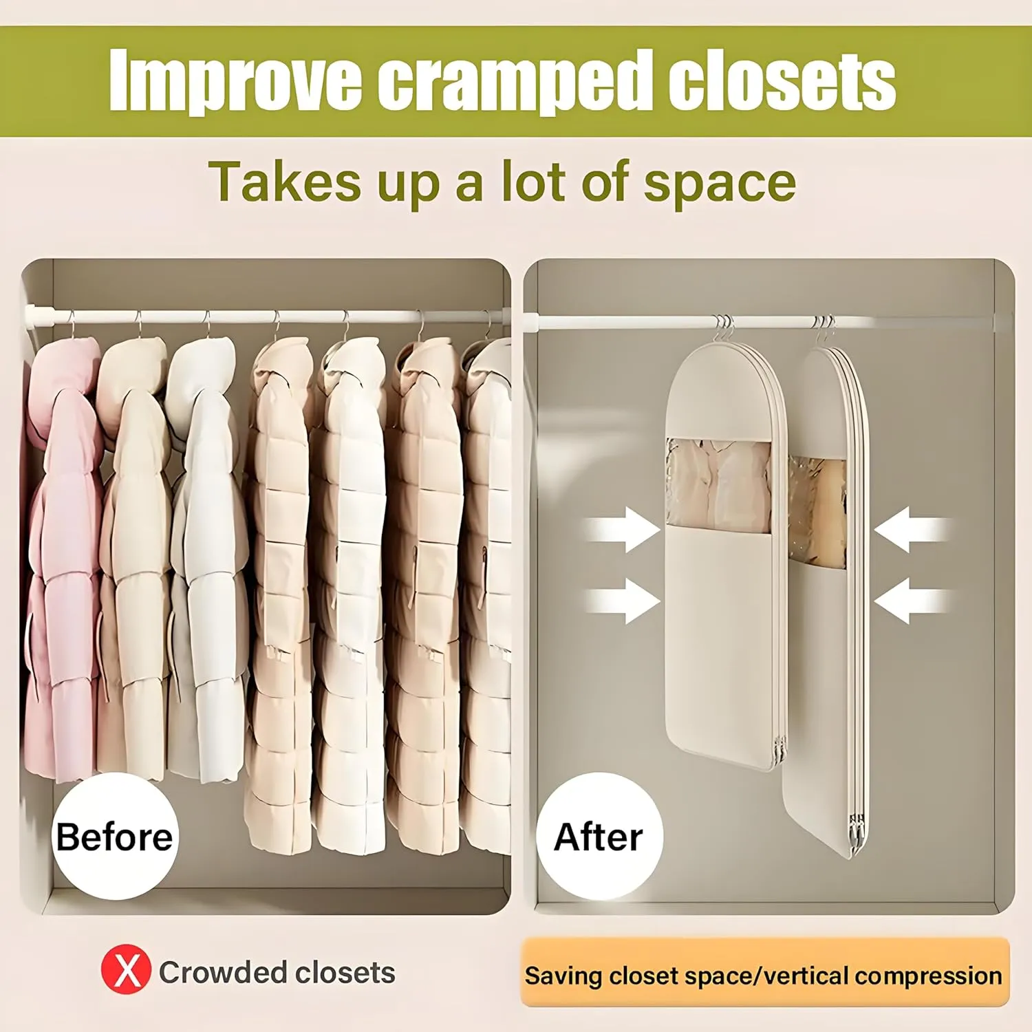 Space Saving Hanging Garment Bag with Self Compression Zipper, Space Saver Closet Organizers for Closet Storage, Dust Cover Clothes Bags for Down Coat (M-Gray)