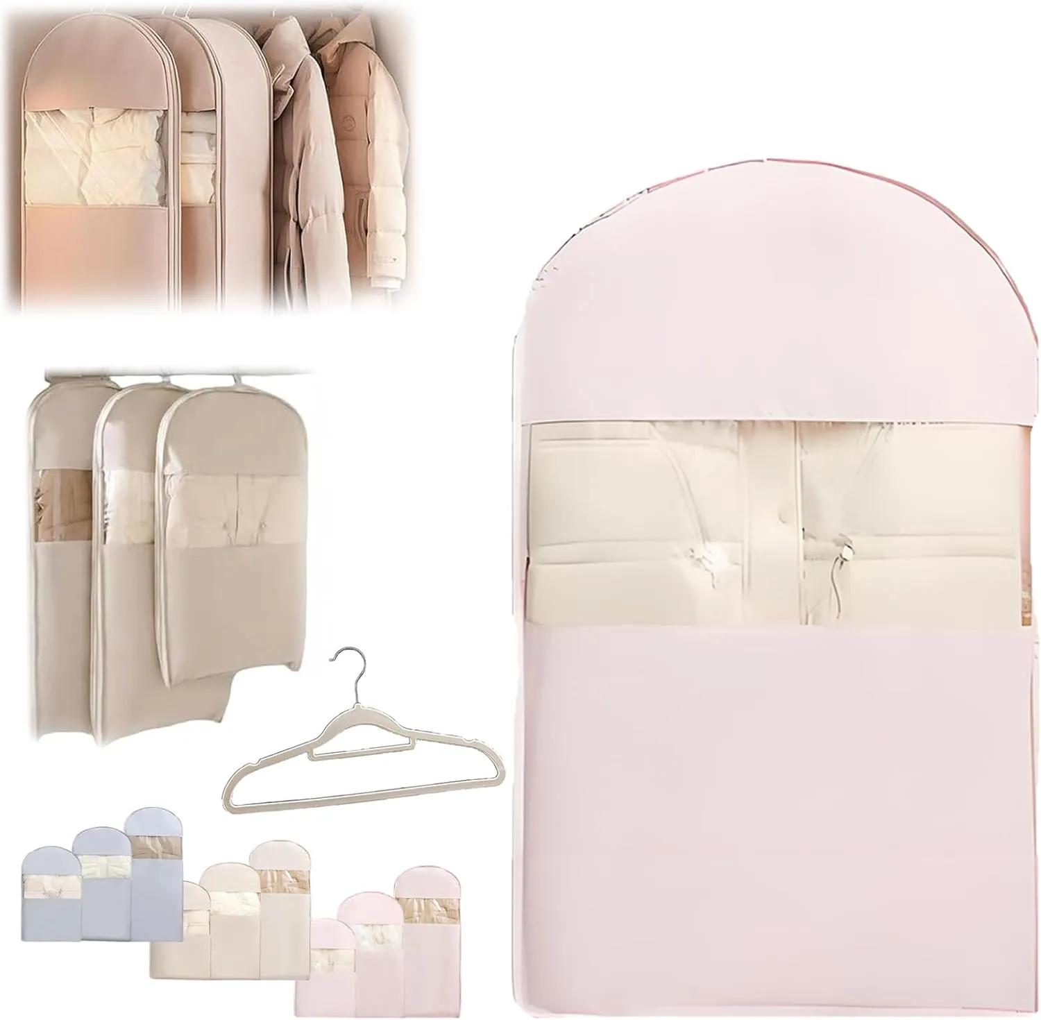 Space Saving Hanging Garment Bag with Self Compression Zipper, Space Saver Closet Organizers for Closet Storage, Dust Cover Clothes Bags for Down Coat (M-Peach)