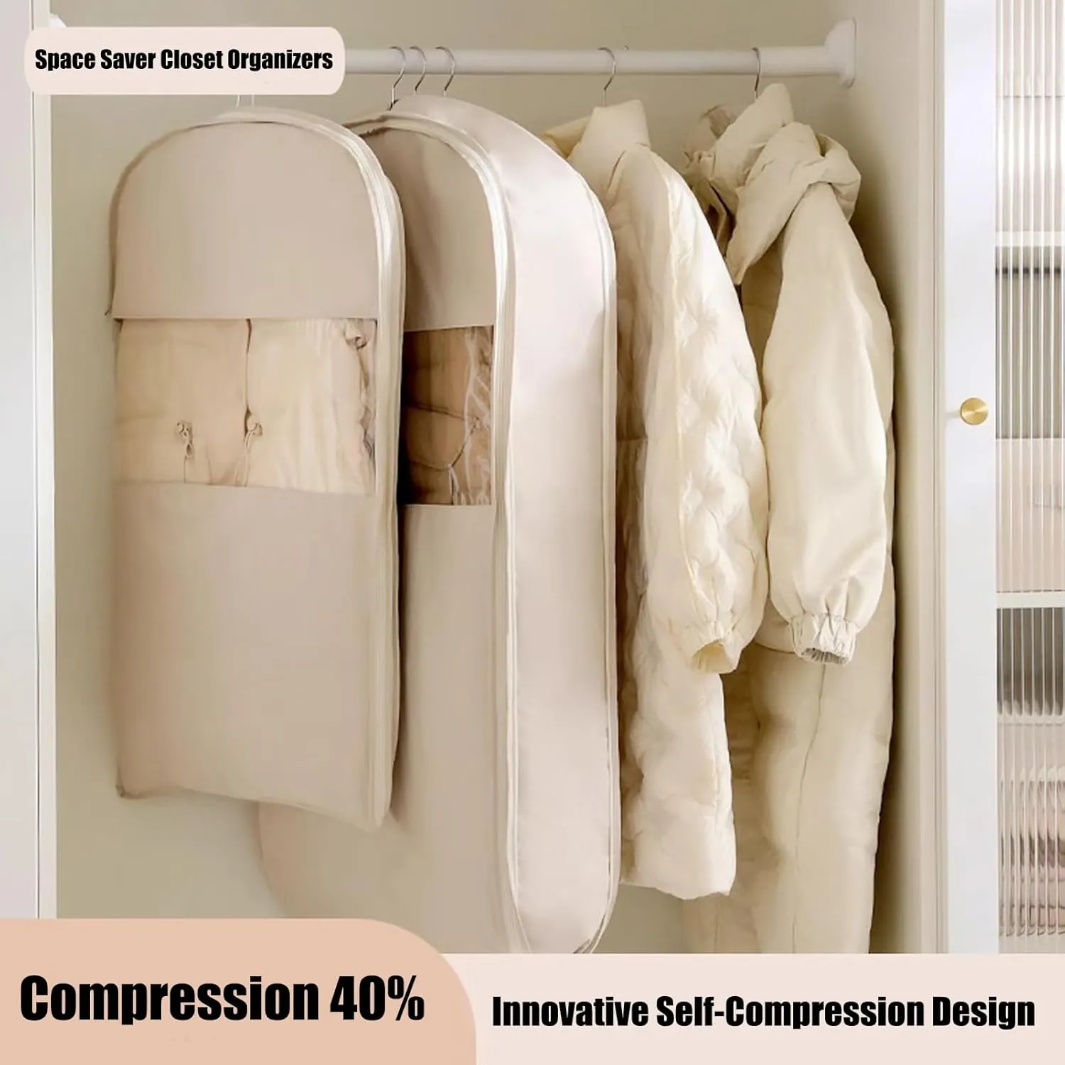 Space Saving Hanging Garment Bag with Self Compression Zipper, Space Saver Closet Organizers, Garment Bags for Hanging Clothes Travel for Moving or Storaging Clothes (Beige,M)