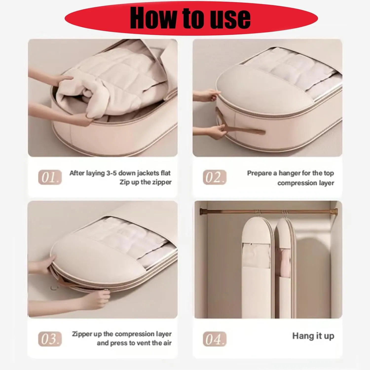 Space Saving Hanging Garment Bag with Self Compression Zipper, Space Saver Closet Organizers, Garment Bags for Hanging Clothes Travel for Moving or Storaging Clothes (Beige,M)
