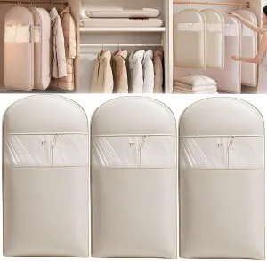 Space Saving Hanging Garment Bag with Self Compression Zipper,Dust Cover Clothes Bags for Down Coat,Space Saver Closet Organizers for Closet Storage (Beige,3PCS-L)