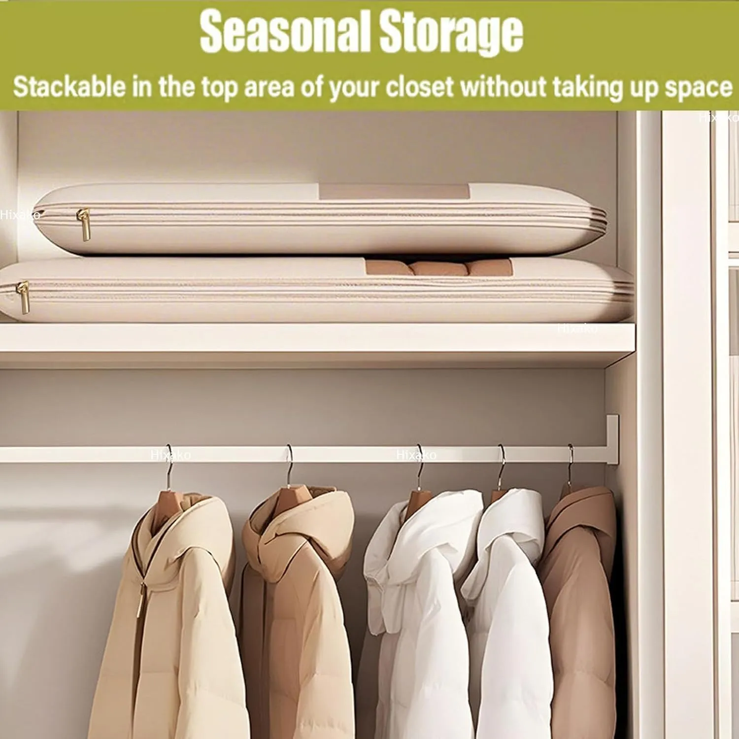 Space Saving Hanging Garment Bag with Self Compression Zipper,Dust Cover Clothes Bags for Down Coat,Space Saver Closet Organizers for Closet Storage (Beige,3PCS-L)