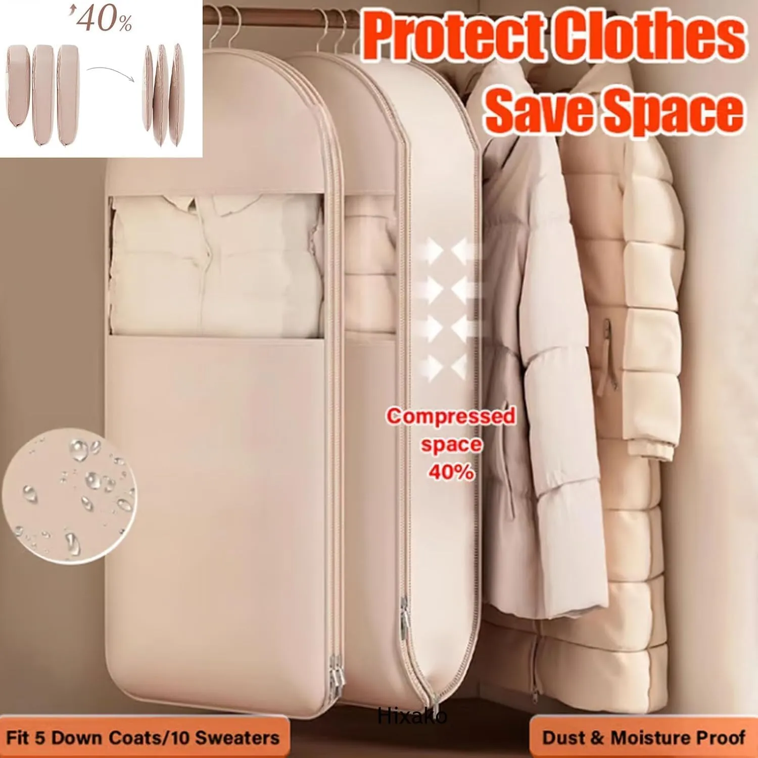 Space Saving Hanging Garment Bag with Self Compression Zipper,Dust Cover Clothes Bags for Down Coat,Space Saver Closet Organizers for Closet Storage (Beige,3PCS-L)