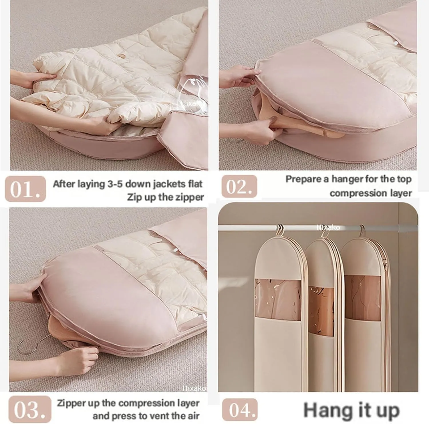 Space Saving Hanging Garment Bag with Self Compression Zipper,Dust Cover Clothes Bags for Down Coat,Space Saver Closet Organizers for Closet Storage (Beige,3PCS-L)