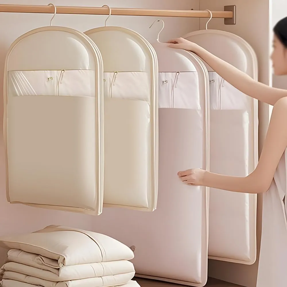 Space Saving Hanging Garment Bag with Self Compression Zipper,Dust Cover Clothes Bags Travel Organizer for Down Coat, for Closet Storage (Beige,M)