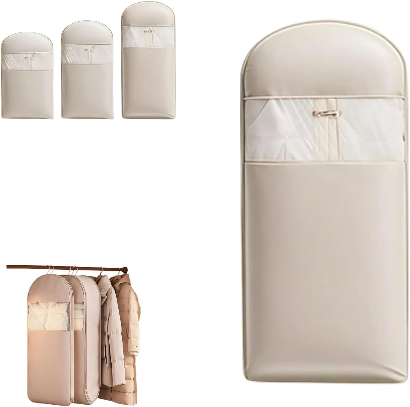 Space Saving Hanging Garment Bag with Self Compression Zipper,Dust Cover Clothes Bags Travel Organizer for Down Coat, for Closet Storage (Beige,M)