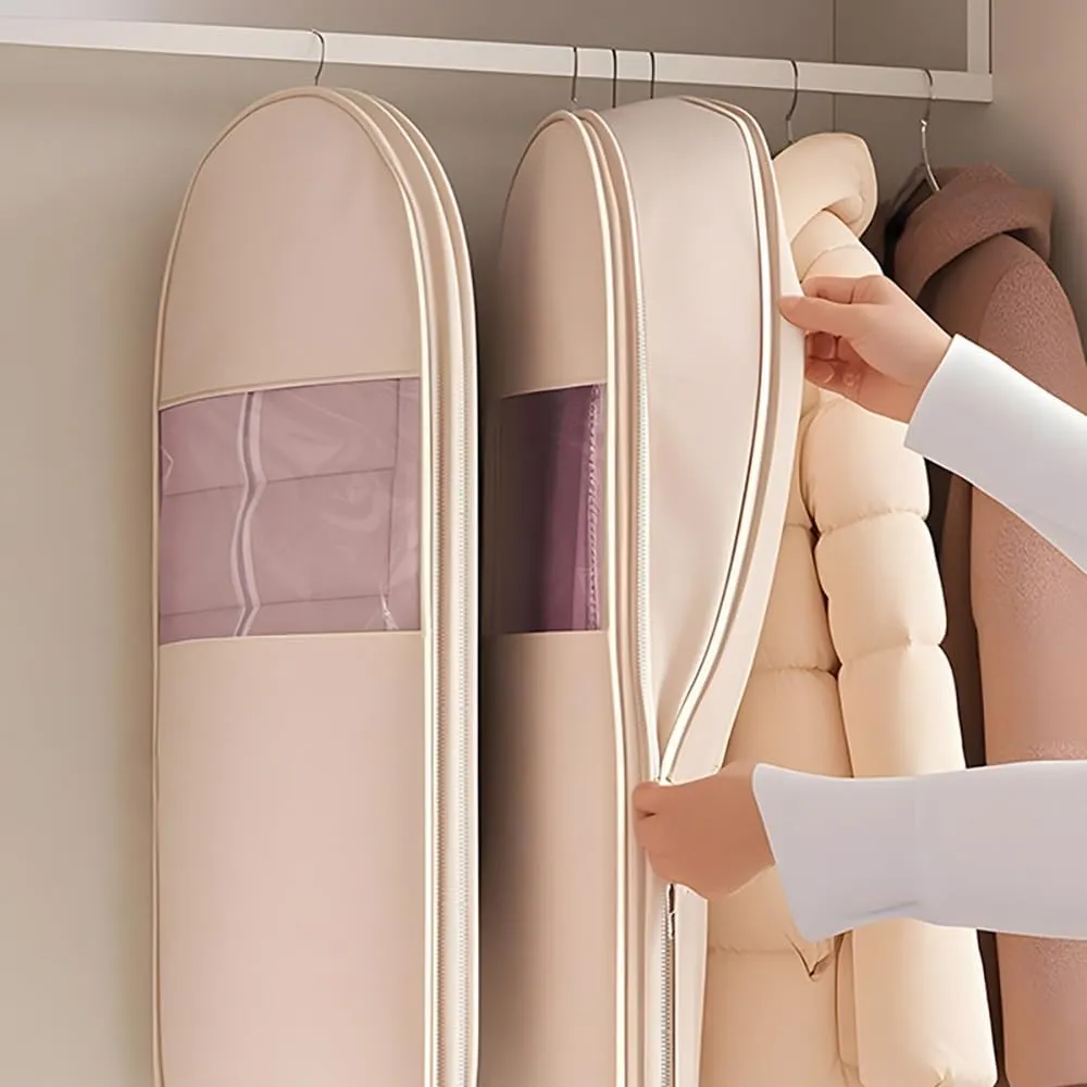 Space Saving Hanging Garment Bag with Self Compression Zipper,Dust Cover Clothes Bags Travel Organizer for Down Coat, for Closet Storage (Beige,M)