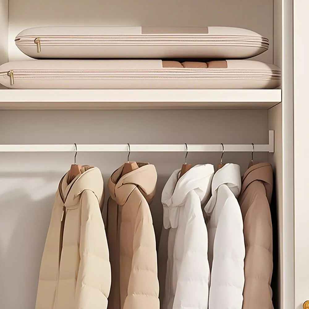 Space Saving Hanging Garment Bag with Self Compression Zipper,Dust Cover Clothes Bags Travel Organizer for Down Coat, for Closet Storage (Beige,M)