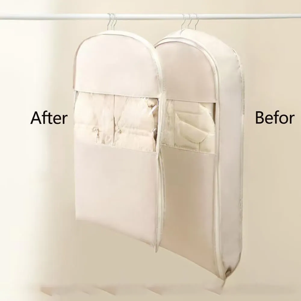 Space Saving Hanging Garment Bag with Self Compression Zipper,Dust Cover Clothes Bags Travel Organizer for Down Coat, for Closet Storage (Beige,M)