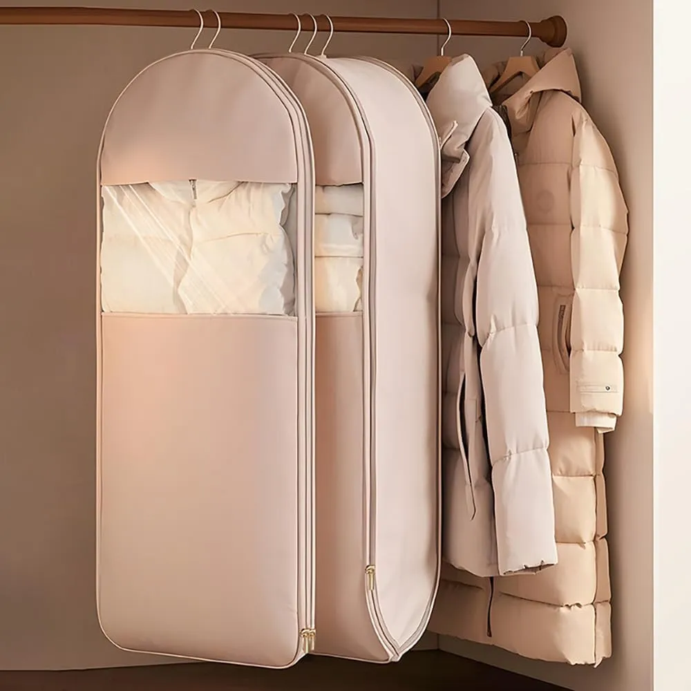 Space Saving Hanging Garment Bag with Self Compression Zipper,Dust Cover Clothes Bags Travel Organizer for Down Coat, for Closet Storage (Beige,M)