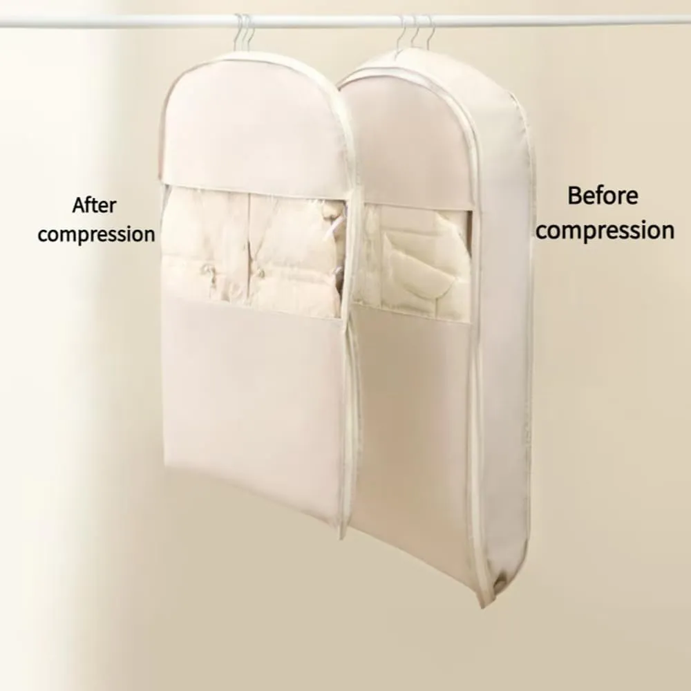 Space Saving Hanging Garment Bag With Self Compression Zipper,Otherwisie Space Saver Hanging Garment Bags,Down Coat Compression Dust Cover,Winter Coat Storage, Heavy Duty Garment Bags (BEIGE, M)