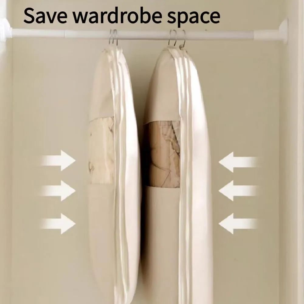 Space Saving Hanging Garment Bag With Self Compression Zipper,Otherwisie Space Saver Hanging Garment Bags,Down Coat Compression Dust Cover,Winter Coat Storage, Heavy Duty Garment Bags (BEIGE, M)