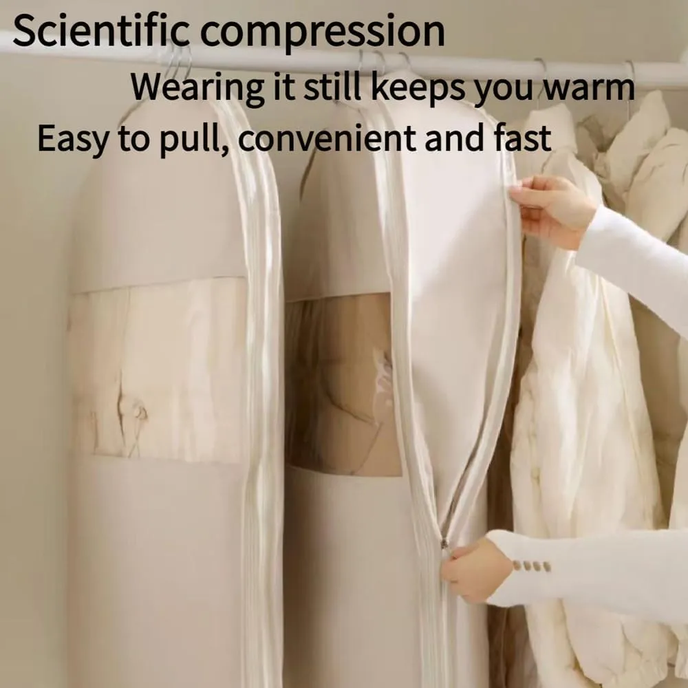 Space Saving Hanging Garment Bag With Self Compression Zipper,Otherwisie Space Saver Hanging Garment Bags,Down Coat Compression Dust Cover,Winter Coat Storage, Heavy Duty Garment Bags (BEIGE, M)
