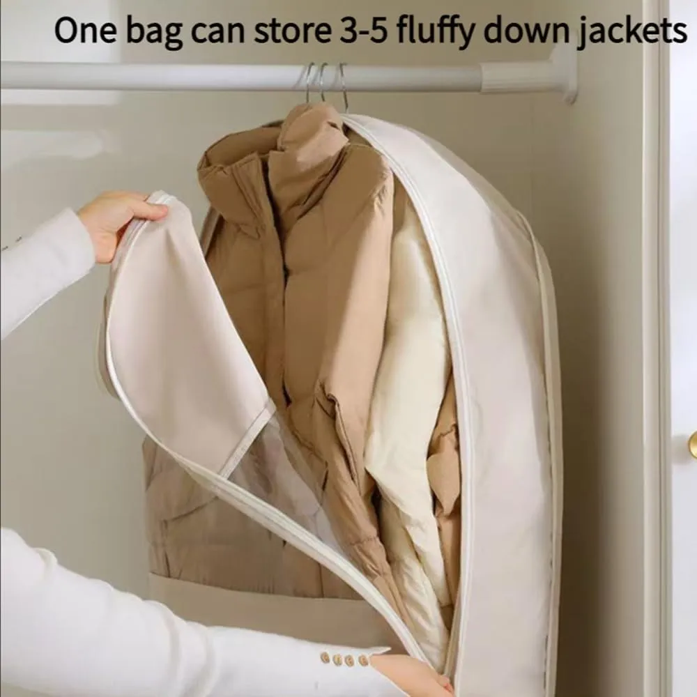 Space Saving Hanging Garment Bag With Self Compression Zipper,Otherwisie Space Saver Hanging Garment Bags,Down Coat Compression Dust Cover,Winter Coat Storage, Heavy Duty Garment Bags (BEIGE, M)