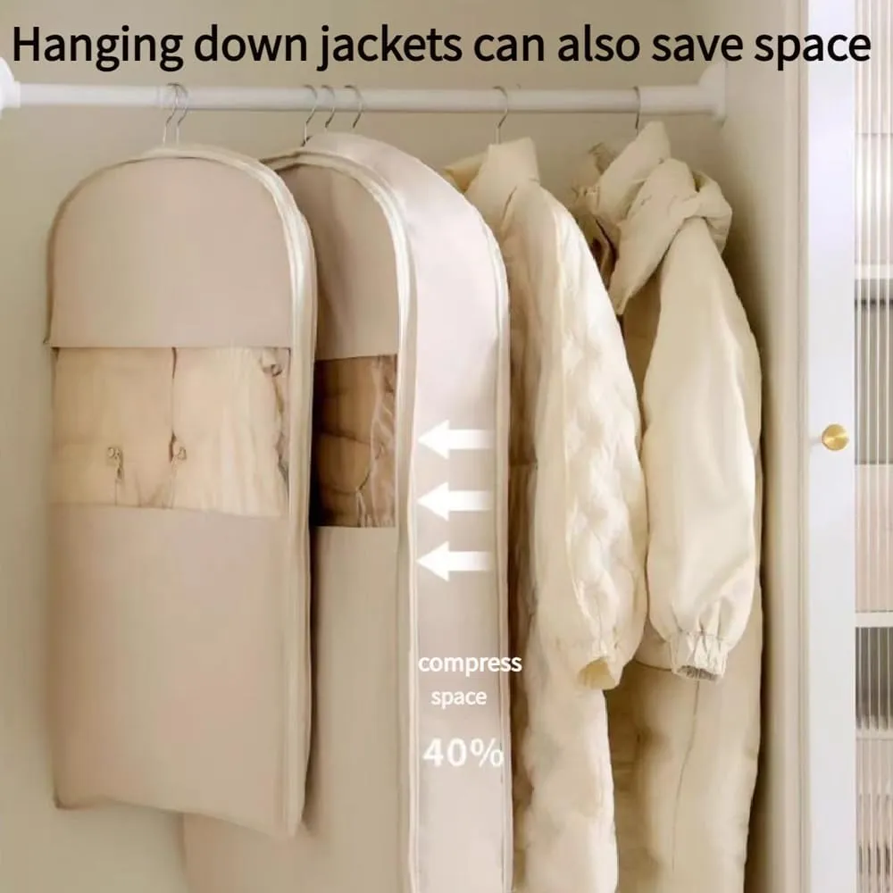Space Saving Hanging Garment Bag With Self Compression Zipper,Otherwisie Space Saver Hanging Garment Bags,Down Coat Compression Dust Cover,Winter Coat Storage, Heavy Duty Garment Bags (BEIGE, M)
