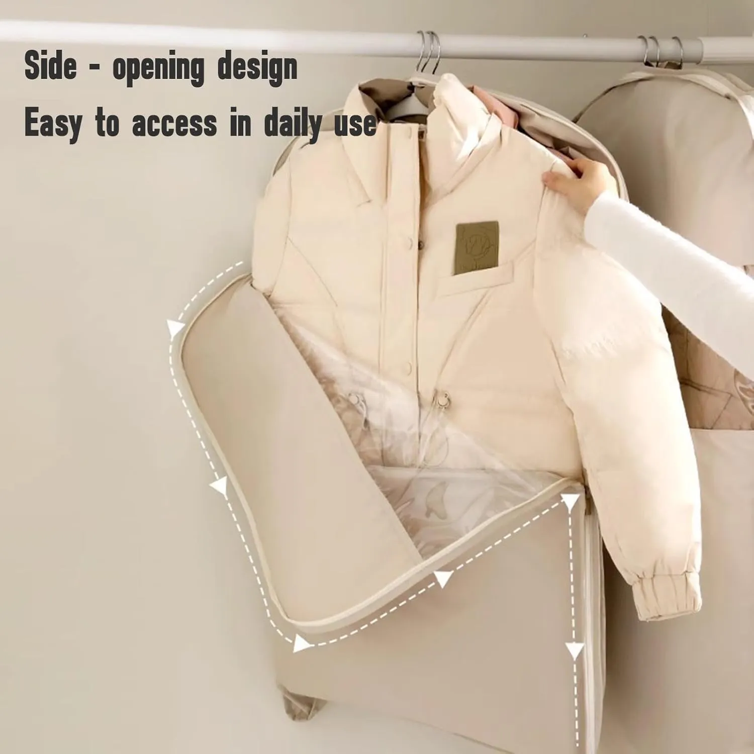 Space Saving Hanging Garment Bag with Self Compression Zipper,Space Saver Closet Organizers,Dust Cover Clothes Bags for Down Coat (Beige, Large) (Beige, XL)