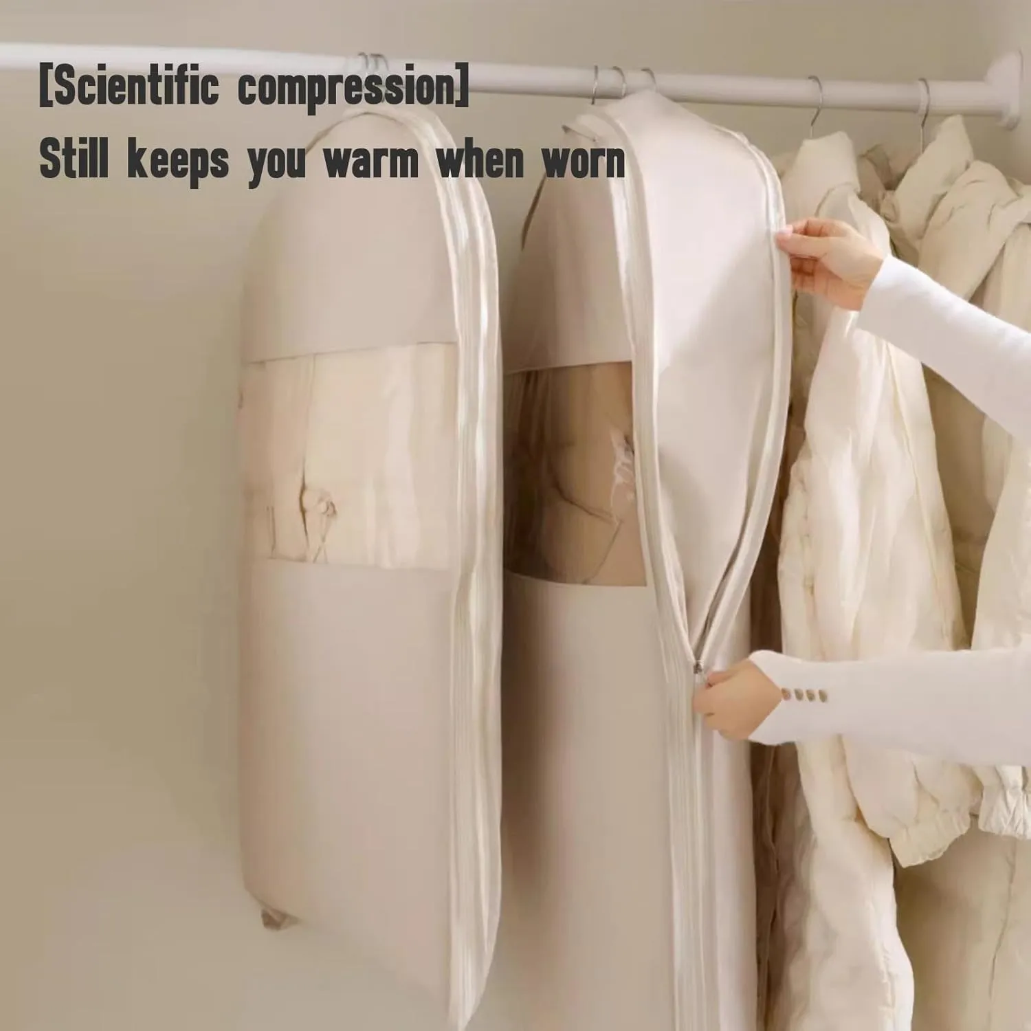 Space Saving Hanging Garment Bag with Self Compression Zipper,Space Saver Closet Organizers,Dust Cover Clothes Bags for Down Coat (Beige, Large) (Beige, XL)