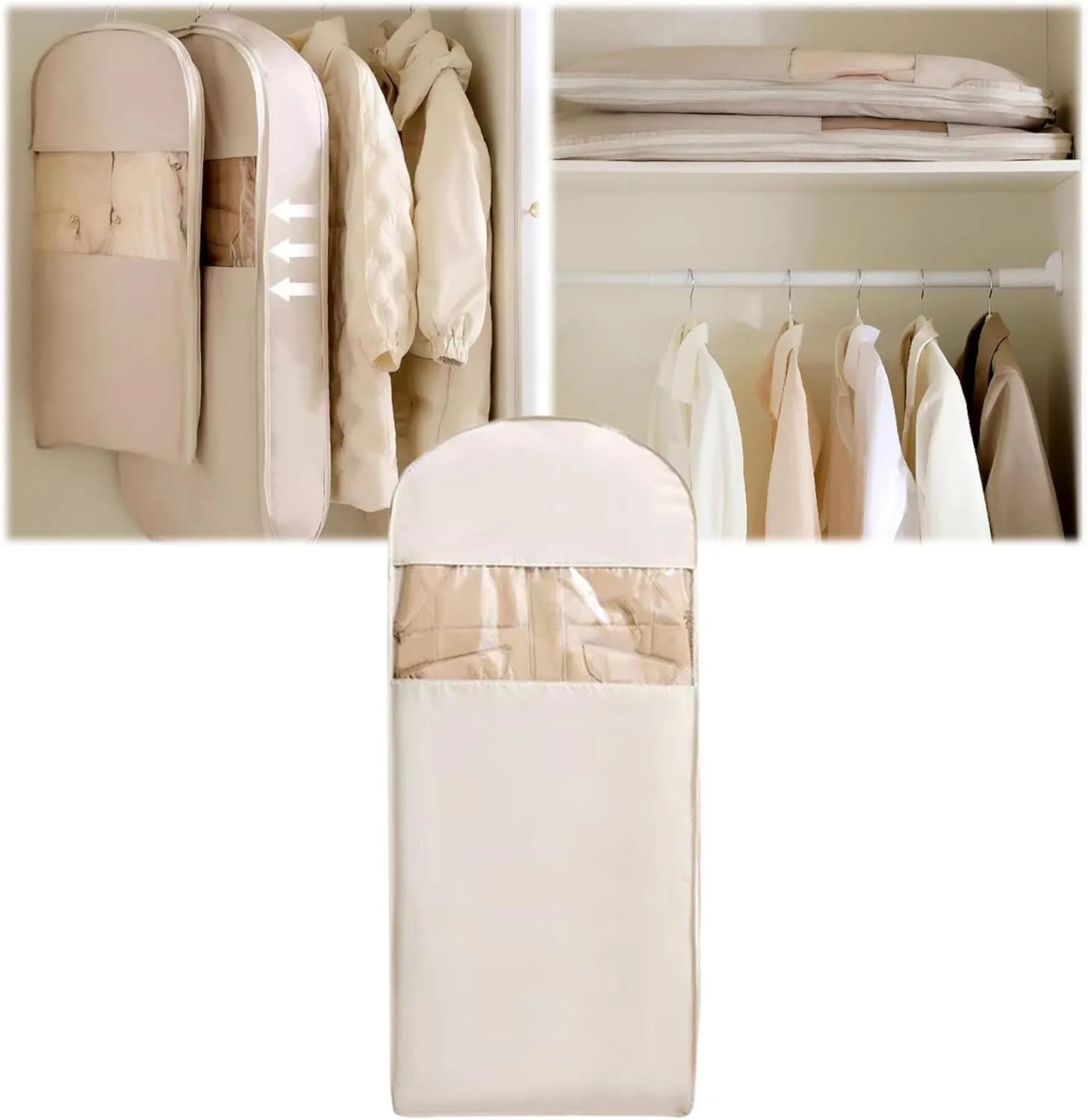 Space Saving Hanging Garment Bag with Self Compression Zipper,Space Saver Closet Organizers,Dust Cover Clothes Bags for Down Coat (Beige, Large) (Beige, XL)