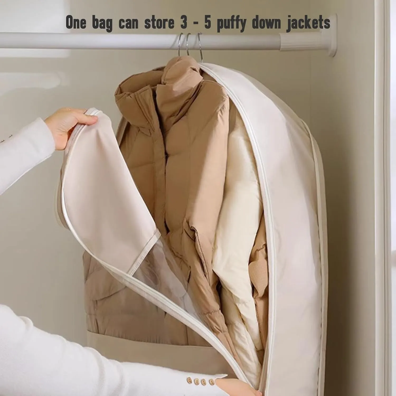 Space Saving Hanging Garment Bag with Self Compression Zipper,Space Saver Closet Organizers,Dust Cover Clothes Bags for Down Coat (Beige, Large) (Beige, XL)
