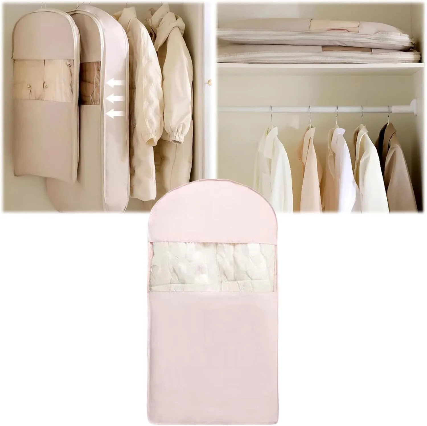 Space Saving Hanging Garment Bag with Self Compression Zipper,Space Saver Closet Organizers,Dust Cover Clothes Bags for Down Coat (Beige, Large) (Pink, L)