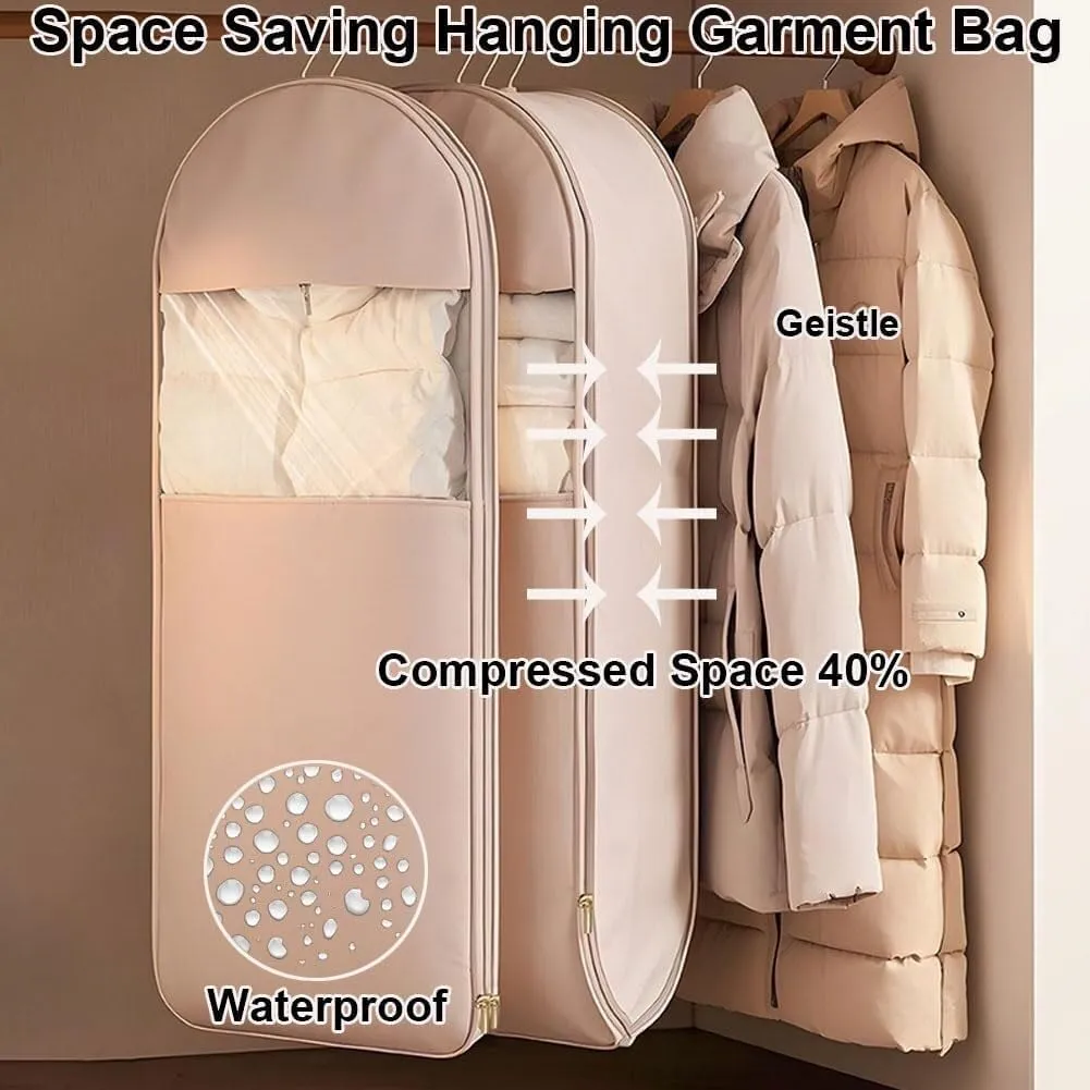 Space Saving Hanging Garment Bag with Self Compression Zipper,Space Saver Closet Organizers,Dust Cover Clothes Bags for Down Coat (Beige)(Medium)