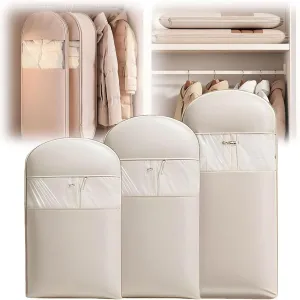 Space Saving Hanging Garment Bag with Self Compression Zipper,Space Saver Closet Organizers,Dust Cover Clothes Bags for Down Coat (Beige)(Medium)
