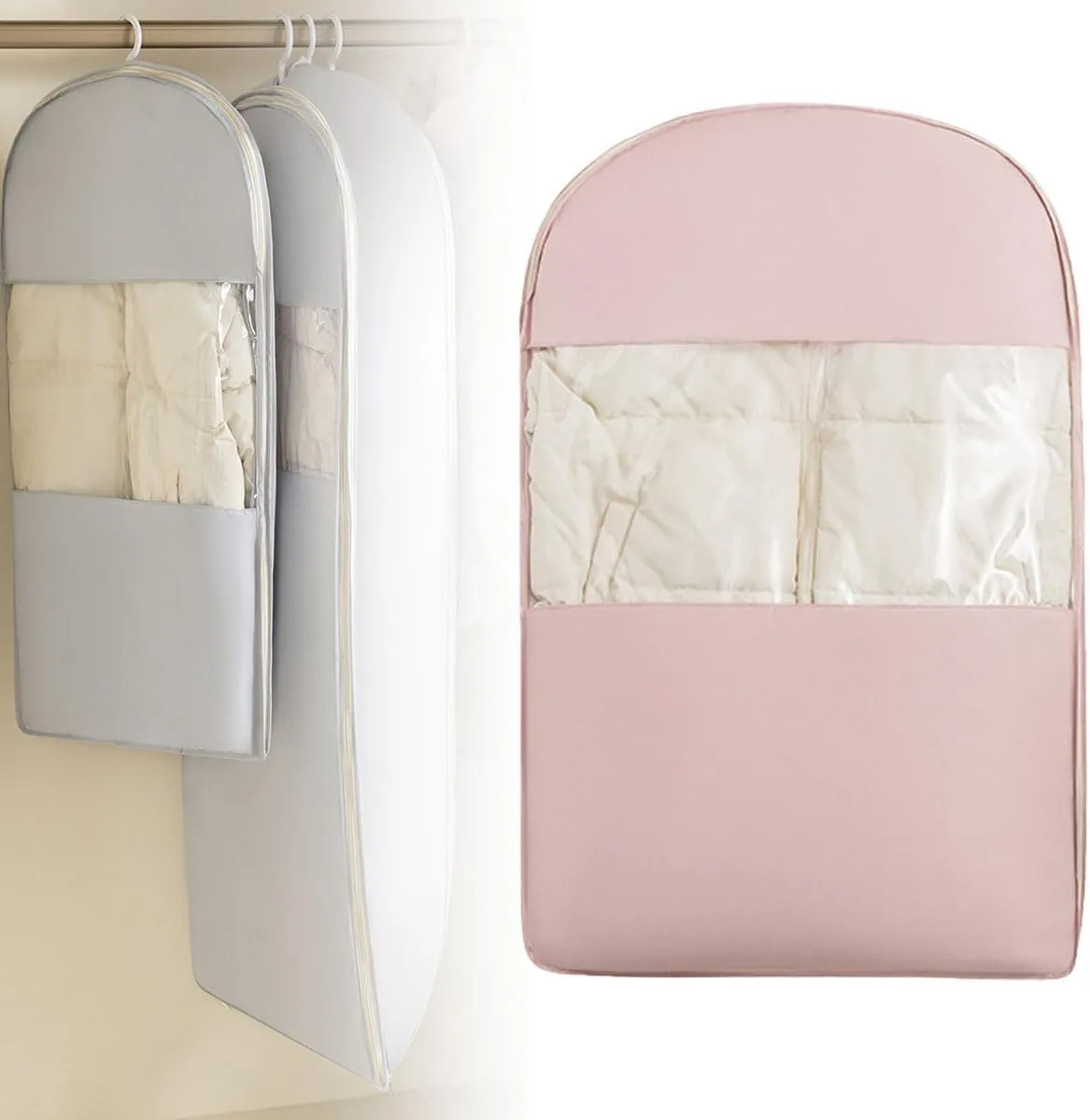 Space Saving Hanging Protector,Heavy Duty Garment Bag for Down Coat,Down Coat Compression Dust Cover for Closet Storage,coat covers garment bag (Pink,M)